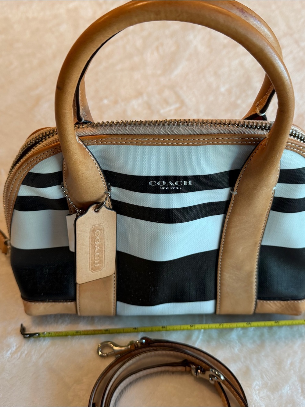 Vintage Coach Striped Leather Trim Satchel in Black & White